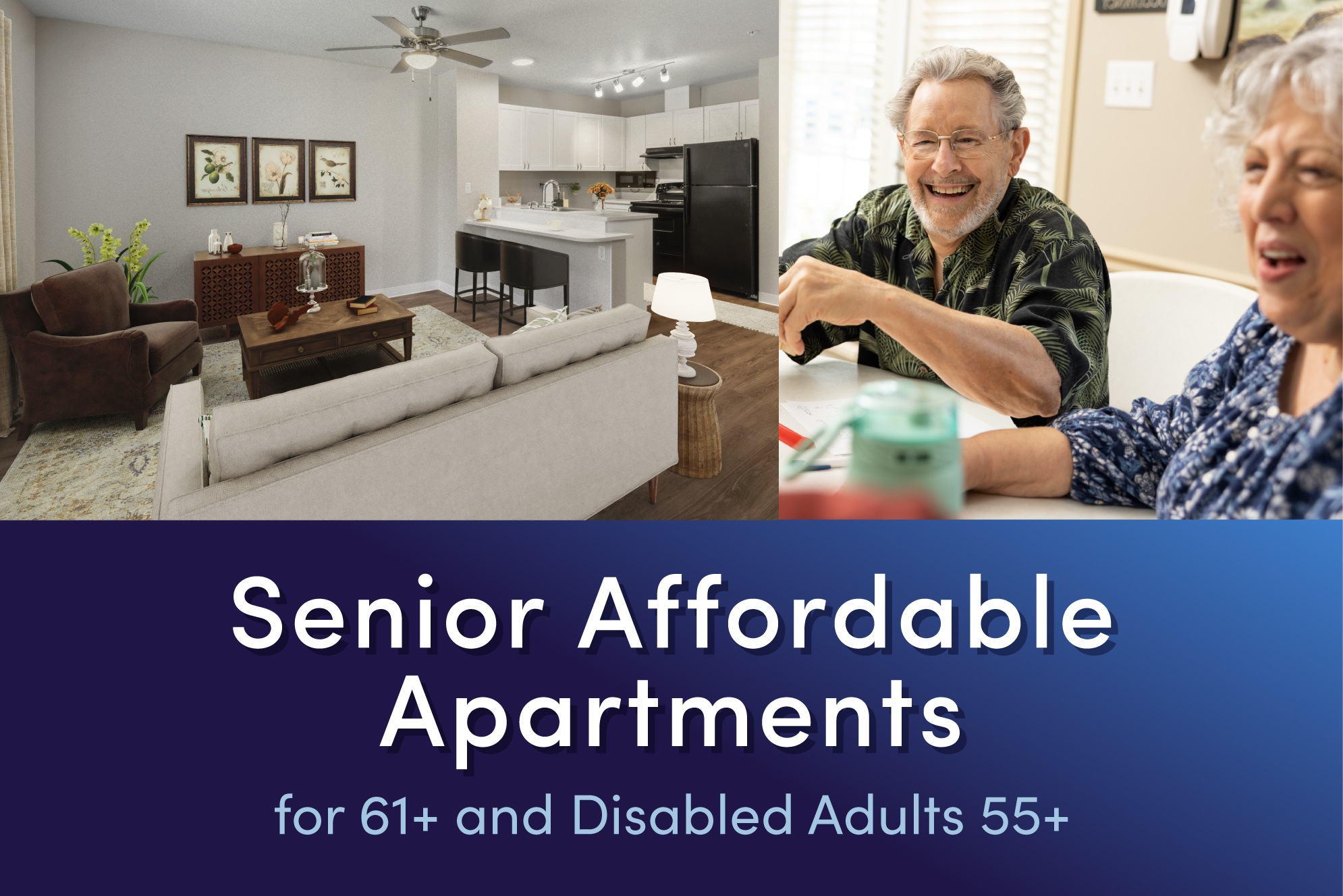 A poster advertising senior affordable apartments for 61+ and disabled adults 55+ with a photo of a living room and a dining area.